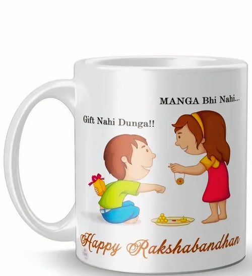 Ceramic Rakhi Mug with 2 Dora Rakhis, Greeting Card & Roli Chawal – For Brother & Sister
