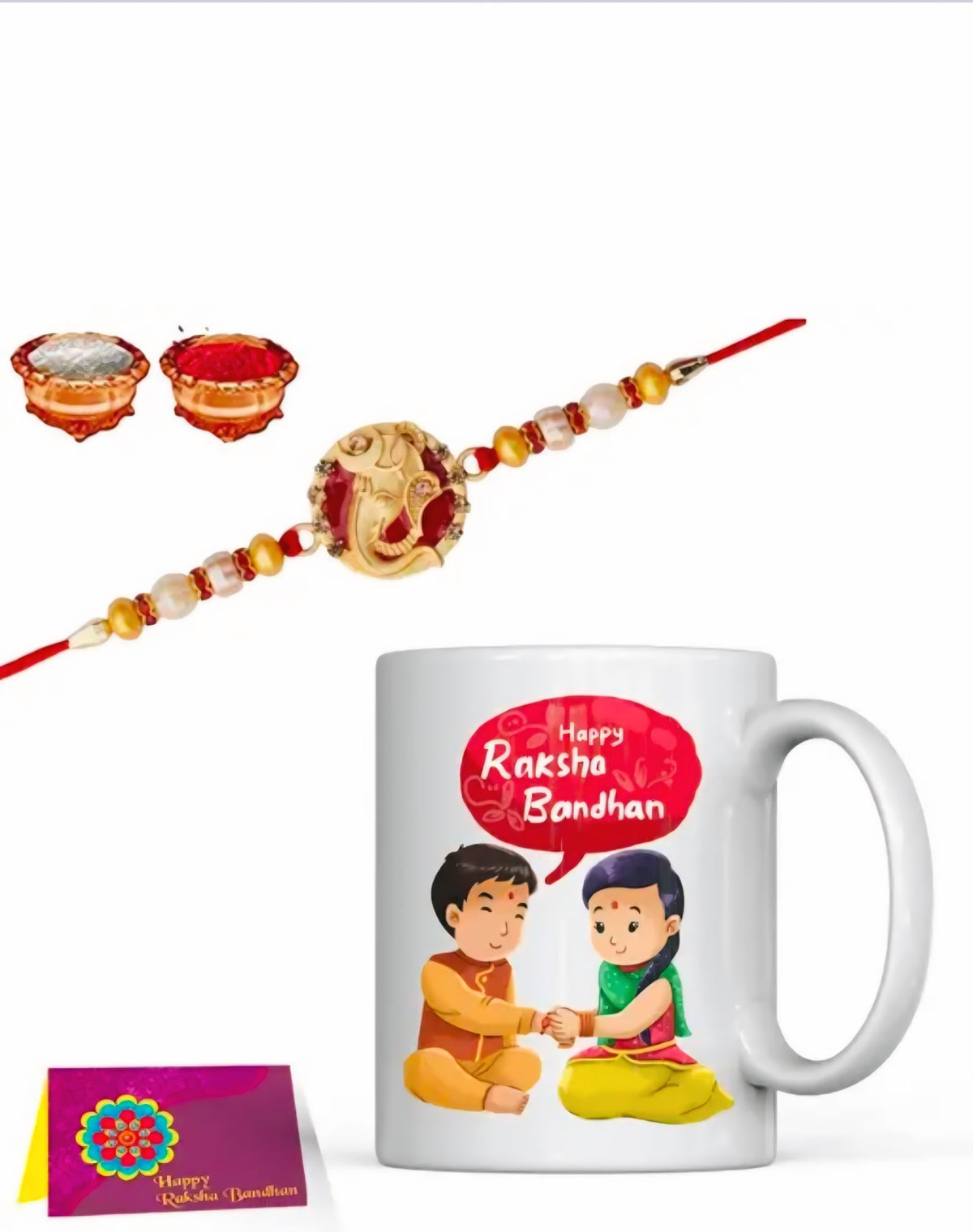 Rakhi Gift Combo – Designer Mug, Rakhi, Greeting Card & Roli Chawal Pack (4-in-1 Set)