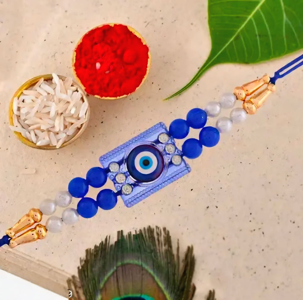Rakhi Gift Set in Blue Theme Colour – Ceramic Coffee Mug, Rakhi, Greeting Card & Roli Chawal