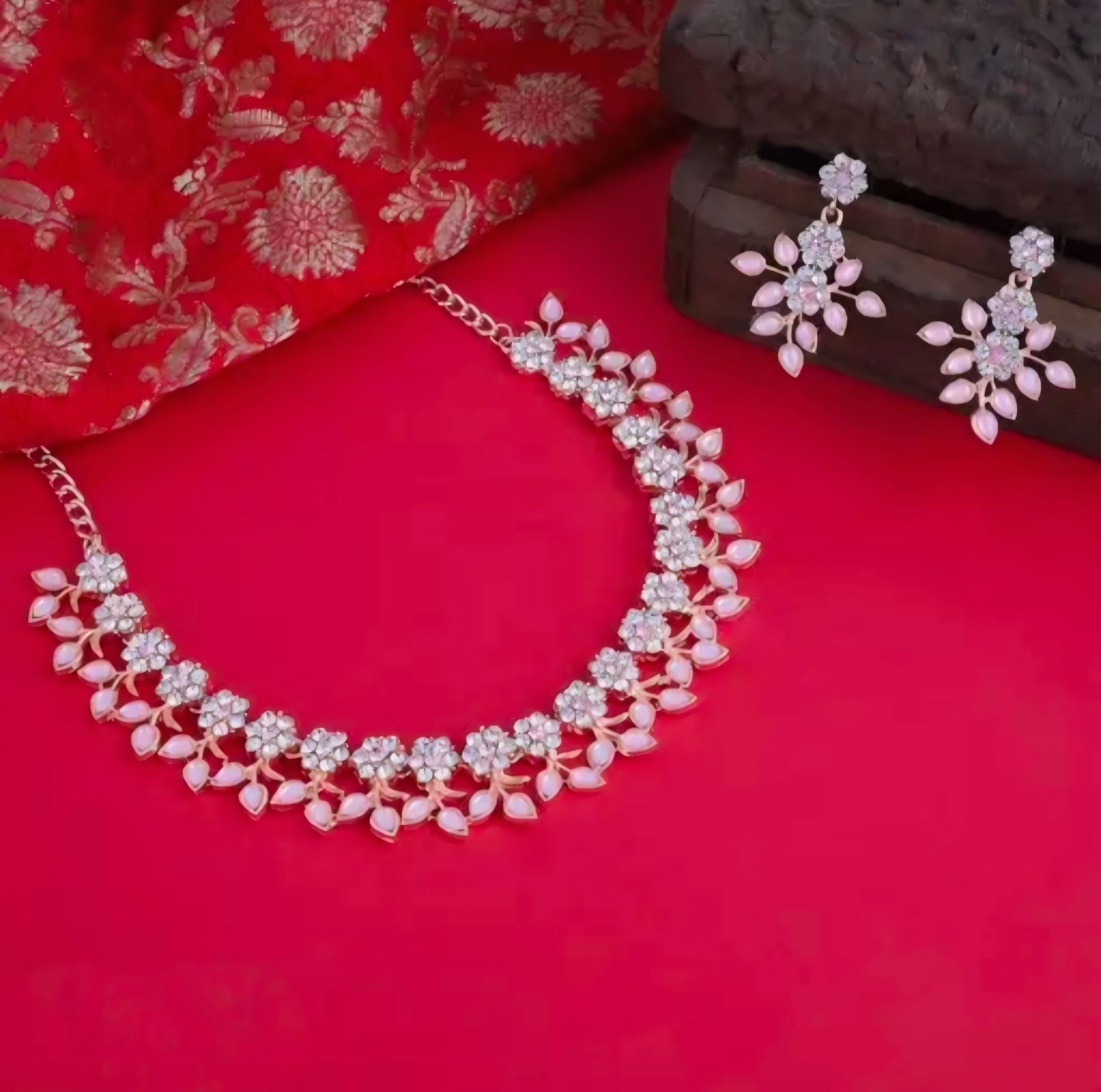 Elegant Rose Gold Plated Kundan Necklace Set with Peach Accents