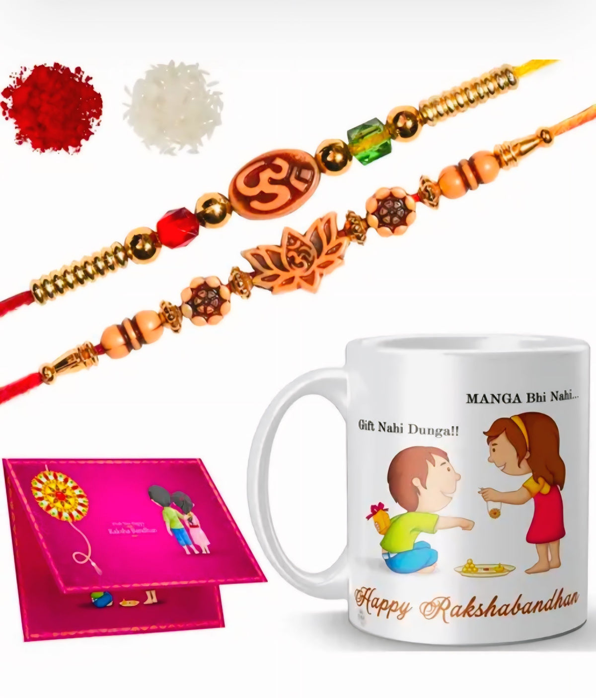 Ceramic Rakhi Mug with 2 Dora Rakhis, Greeting Card & Roli Chawal – For Brother & Sister