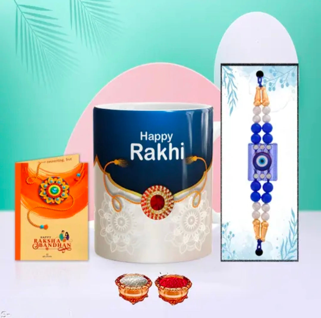Rakhi Gift Set in Blue Theme Colour – Ceramic Coffee Mug, Rakhi, Greeting Card & Roli Chawal