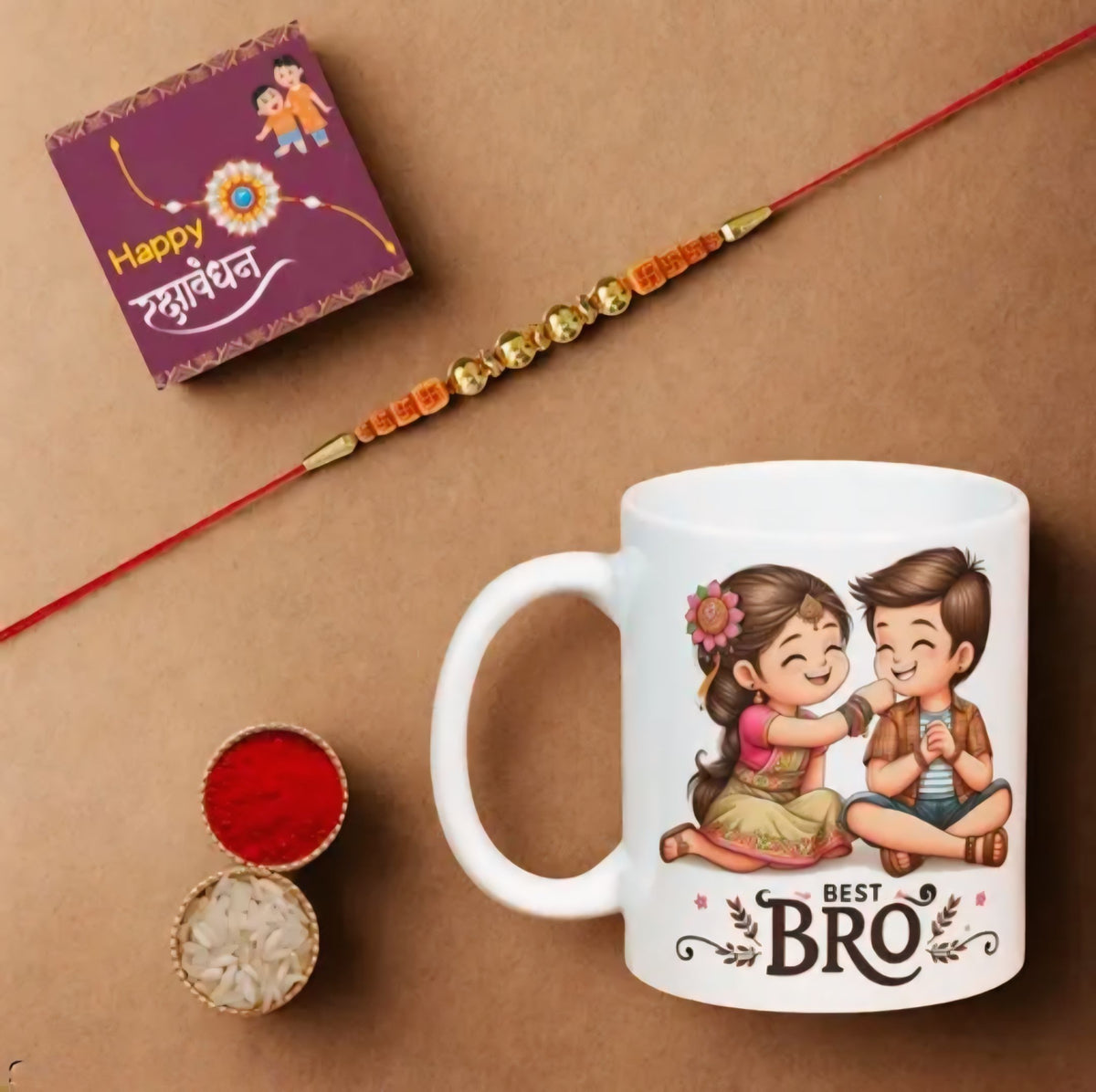 Rakhi Mug Gift Combo – Best Brother Mug, Rakhi, Greeting Card & Roli Chawal